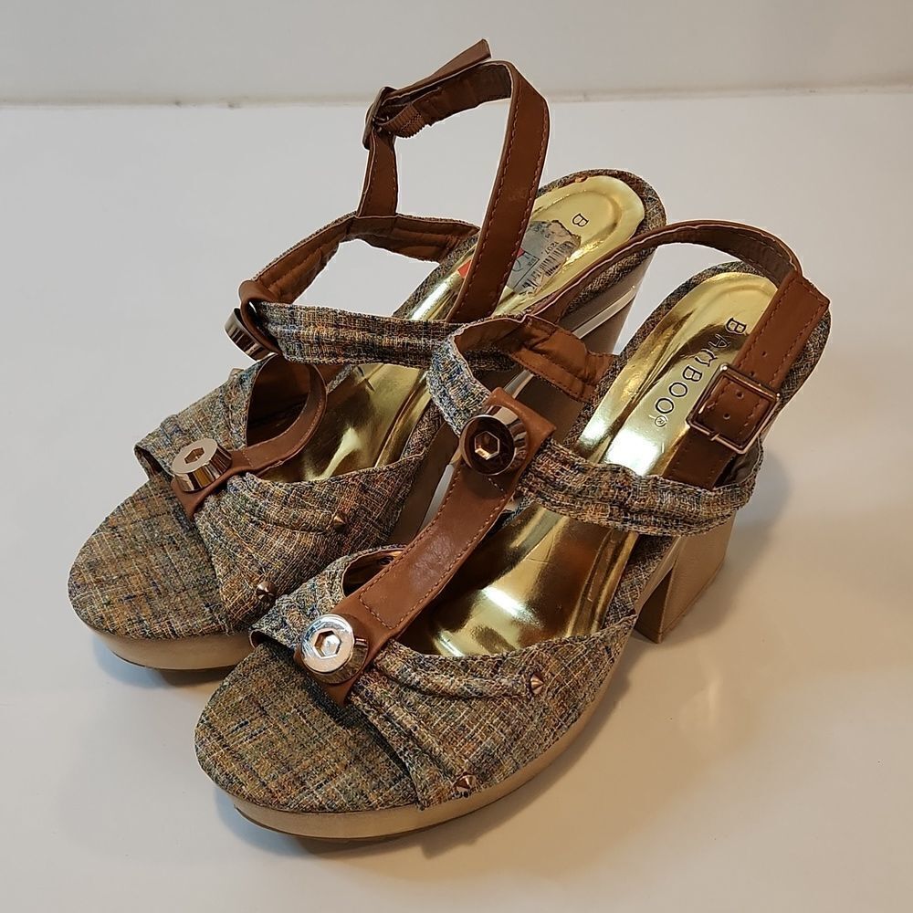 Bamboo Wedge Platforms Open Toe Shoes Women's Size 10 Multicolor/Tan